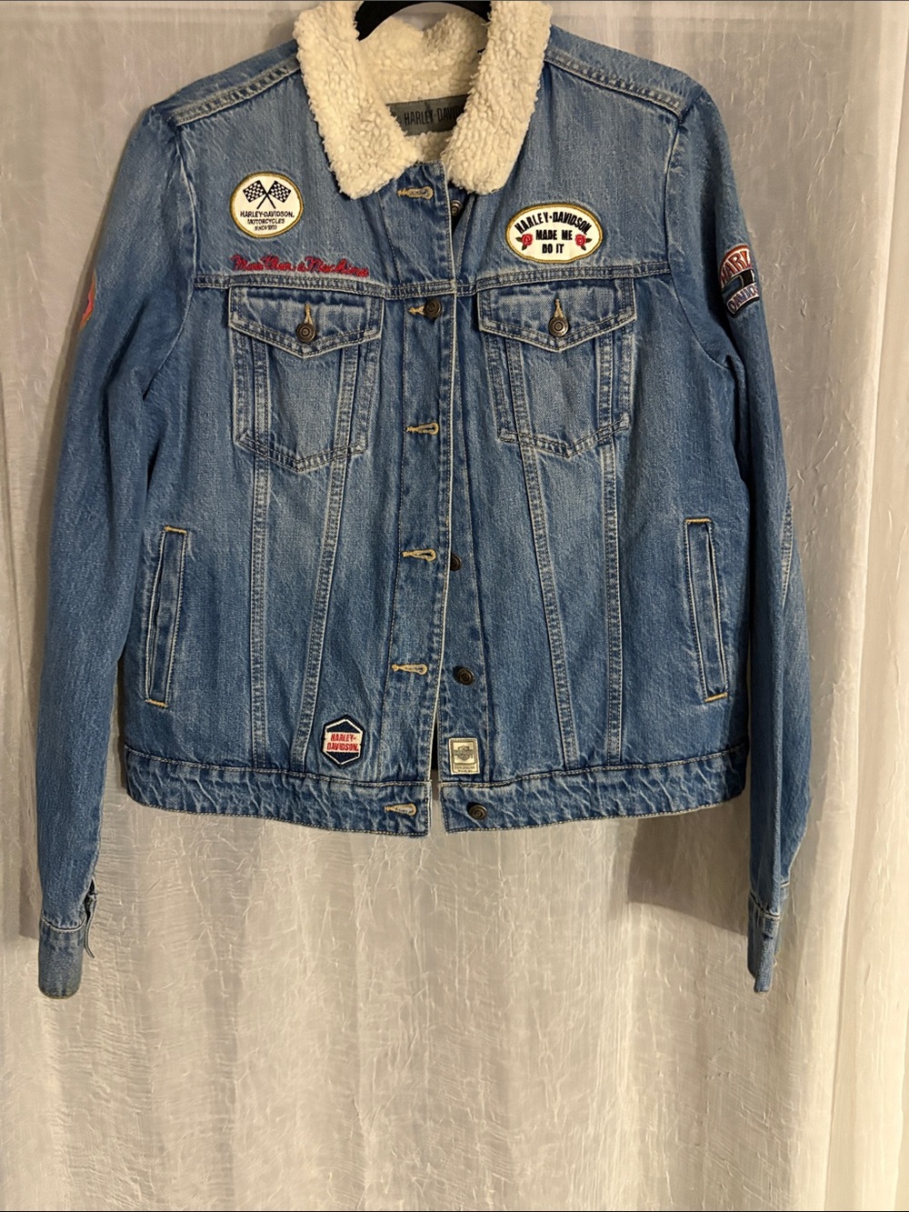 Harley-Davidson Blue Denim Jacket with Pink and Yellow Patch Accents